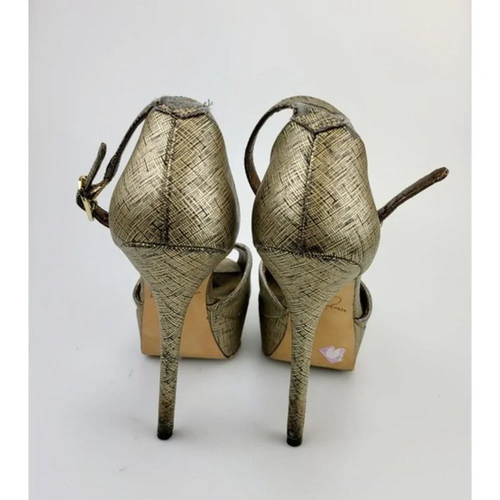 Y2K Platform Heels Sam Edelman Sandals 6 Gold Glam Crosshatch‎ Peep Toe Stiletto